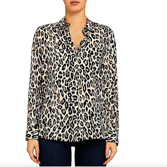 Theory Classic Straight Leopard Print Silk Shirt - Picture 1 of 14